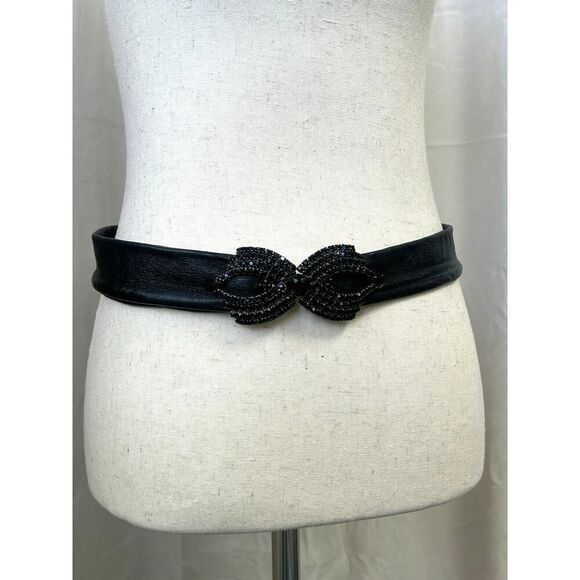 Vintage Thin Black Leather Belt w Black Rhinestone Buckle- Completely Adjustable - Picture 1 of 6